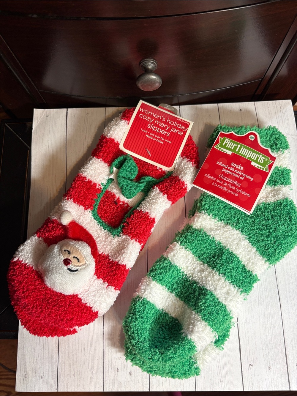 Pier 1 Holiday Fuzzy Socks & Mary Jane Slipper Socks - Red, Green & White Stripe